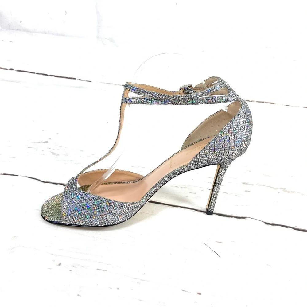 Kate Spade New York Shoes Women’s 10M Silver Pumps T-Strap Glitter Ankle‎ Strap
